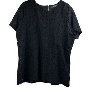 Lauren Ralph Lauren Women's Top XL Black Lace Sheer Stretch Short Sleeve Zipper